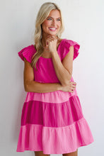 Load image into Gallery viewer, Pink Crinkled Colorblock Patchwork Flutter Tiered Mini Dress
