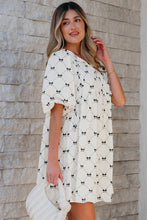 Load image into Gallery viewer, White Bowtie Pattern Textured Puff Half Sleeve Loose Mini Dress
