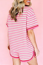 Load image into Gallery viewer, Pink Stripe Contrast Trim Short Sleeve Top Loose Shorts 2pcs Casual Outfit
