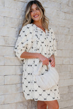 Load image into Gallery viewer, White Bowtie Pattern Textured Puff Half Sleeve Loose Mini Dress
