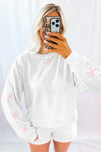 Load image into Gallery viewer, Sachet Pink Girly Bow Embroidered Detail Puff Sleeve Pullover 2pcs Short Set

