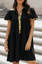 Load image into Gallery viewer, Black Sequin Trim Bubble Sleeve Game Day Shirt Dress
