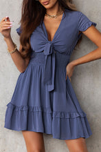 Load image into Gallery viewer, Blue Deep V Neck Self-tie Knotted Front Layered Flare Mini Dress
