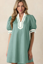 Load image into Gallery viewer, Light Pink Scallop Color Block Trim Puff Sleeve Mini Dress
