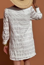 Load image into Gallery viewer, White Lace Crochet Round Neck Puff Sleeve Shift Mini Dress
