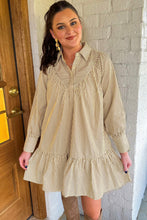 Load image into Gallery viewer, Brown Stripe Collared Neck Cuffed Long Sleeve Drop Waist Mini Dress
