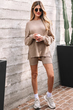 Load image into Gallery viewer, Dark Khaki Ribbed Balloon Sleeve Pullover Top and Biker Knitted Short Set

