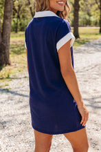 Load image into Gallery viewer, Navy Blue Americana Colorblock Stripes Zip up Collared T Shirt Mini Dress
