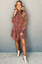 Load image into Gallery viewer, Red Floral Print Long Sleeve Shirred High Neck Loose Mini Dress
