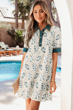 Load image into Gallery viewer, Red Geometric Floral Print Lace Trim Collared Short Sleeve Mini Dress
