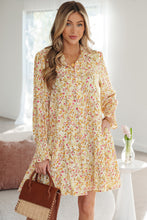 Load image into Gallery viewer, Yellow Floral Print Frilly Trim Smocked Cuff Long Sleeve Loose Shirt Dress
