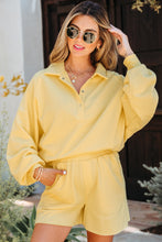 Load image into Gallery viewer, Yellow Cream Button Collar Drop Shoulder Pullover and Shorts 2pcs Outfit
