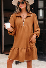 Load image into Gallery viewer, Desert Gold Quarter Zip Collar Bracelet Sleeve Textured Mini Dress
