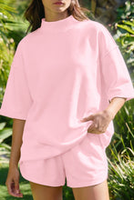 Load image into Gallery viewer, Yellow Cream Solid Color Exposed Seam Mock Neck Oversize Tee Casual Shorts 2pcs Outfit
