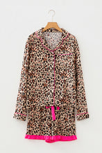 Load image into Gallery viewer, Light French Beige Leopard Print Contrast Trim Long Sleeve Shirt Drawstring Ruffle Hem Short Set
