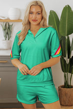 Load image into Gallery viewer, Sea Green Rainbow Colorblock Collared Short Sleeve Top 2 Piece Shorts Set
