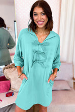 Load image into Gallery viewer, Moonlight Jade Bow Front Bracelet Sleeve Collared Side Pocket Shift Mini Dress
