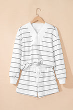 Load image into Gallery viewer, White Stripe Zip up Drop Shoulder Pullover and Short 2pcs Outfit
