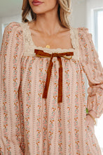 Load image into Gallery viewer, Khaki Floral Print Contrast Velvet Bow Lace Patchwork Long Sleeve Loose Mini Dress
