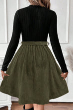 Load image into Gallery viewer, Black Ribbed Knit Slim Bodice Contrast Flared Skirt Patchwork Belted Dress
