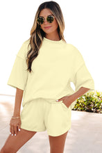 Load image into Gallery viewer, Yellow Cream Solid Color Exposed Seam Mock Neck Oversize Tee Casual Shorts 2pcs Outfit
