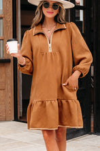 Load image into Gallery viewer, Desert Gold Quarter Zip Collar Bracelet Sleeve Textured Mini Dress
