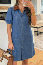 Load image into Gallery viewer, Blue Denim Short Puff Sleeve Color Block Shirt Collar Patchwork Mini Dress
