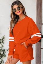 Load image into Gallery viewer, Orange Varsity Striped Sleeve Drop Shoulder Sweatshirt and Short Set
