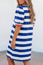 Load image into Gallery viewer, Red Stripe Contrast Trim Round Neck Short Puff Sleeve Shift Mini Dress
