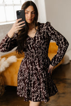 Load image into Gallery viewer, Brown Ditsy Floral Print Split Neck Long Sleeve Shirred Waist Flared Mini Dress
