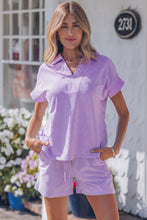 Load image into Gallery viewer, Sky Blue Stripe Dolman Sleeve Polo Shirt and Drawstring Shorts Set

