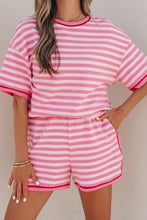 Load image into Gallery viewer, Pink Stripe Contrast Trim Short Sleeve Top Loose Shorts 2pcs Casual Outfit
