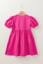 Load image into Gallery viewer, Bright Pink Solid Color Puff Sleeve Tie Front High Waist Mini Dress
