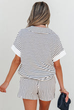 Load image into Gallery viewer, Black Stripe V Neck Tee and Casual Short Set
