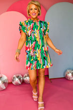 Load image into Gallery viewer, Green Abstract Print Frilled Neck Ruffled Sleeve Mini Dress
