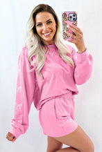 Load image into Gallery viewer, Sachet Pink Girly Bow Embroidered Detail Puff Sleeve Pullover 2pcs Short Set
