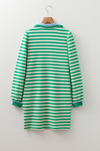Load image into Gallery viewer, Green Striped Contrast Collar Split Neck Long Sleeve Mini Dress
