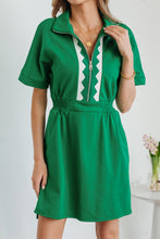 Load image into Gallery viewer, Bright Green Contrast Patchwork Half Zip Elastic Waist Short Sleeve Mini Dress
