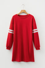 Load image into Gallery viewer, Tillandsia Purple Varsity Contrast Banded Sleeve Shift Sweatshirt Dress
