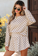 Load image into Gallery viewer, Khaki Checkered Long Sleeve Crop Top High Waist Skort 2pcs Set
