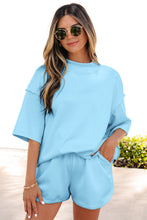 Load image into Gallery viewer, Yellow Cream Solid Color Exposed Seam Mock Neck Oversize Tee Casual Shorts 2pcs Outfit
