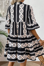 Load image into Gallery viewer, Black Geometric Print V Neck Ruffled Dress
