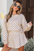 Load image into Gallery viewer, Khaki Checkered Long Sleeve Crop Top High Waist Skort 2pcs Set
