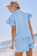 Load image into Gallery viewer, Beau Blue Ribbed Texture Half Zip Ruffled Short Sleeve Top and Shorts Set
