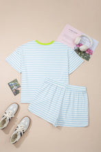 Load image into Gallery viewer, Pink Stripe Contrast Neck Loose Tee and Drawstring Shorts Set
