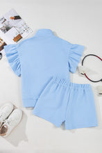 Load image into Gallery viewer, Beau Blue Ribbed Texture Half Zip Ruffled Short Sleeve Top and Shorts Set
