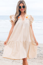 Load image into Gallery viewer, Jet Stream Linen Embroidery Split Neck Pom Pom Ruffle Sleeves Flowy Short Dress
