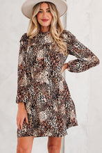 Load image into Gallery viewer, Brown Leopard Ruffled Detail Long Sleeve Loose Mini Dress

