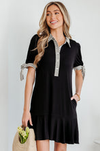 Load image into Gallery viewer, Black Stripe Detail Polo Collar Half Buttons Tied Short Sleeve Shift Mini Dress
