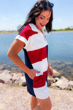 Load image into Gallery viewer, Navy Blue Americana Colorblock Stripes Zip up Collared T Shirt Mini Dress
